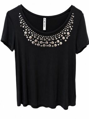 LC Couture Black Short-Sleeve Scoop Neck Tee with Silver Stud Embellishment